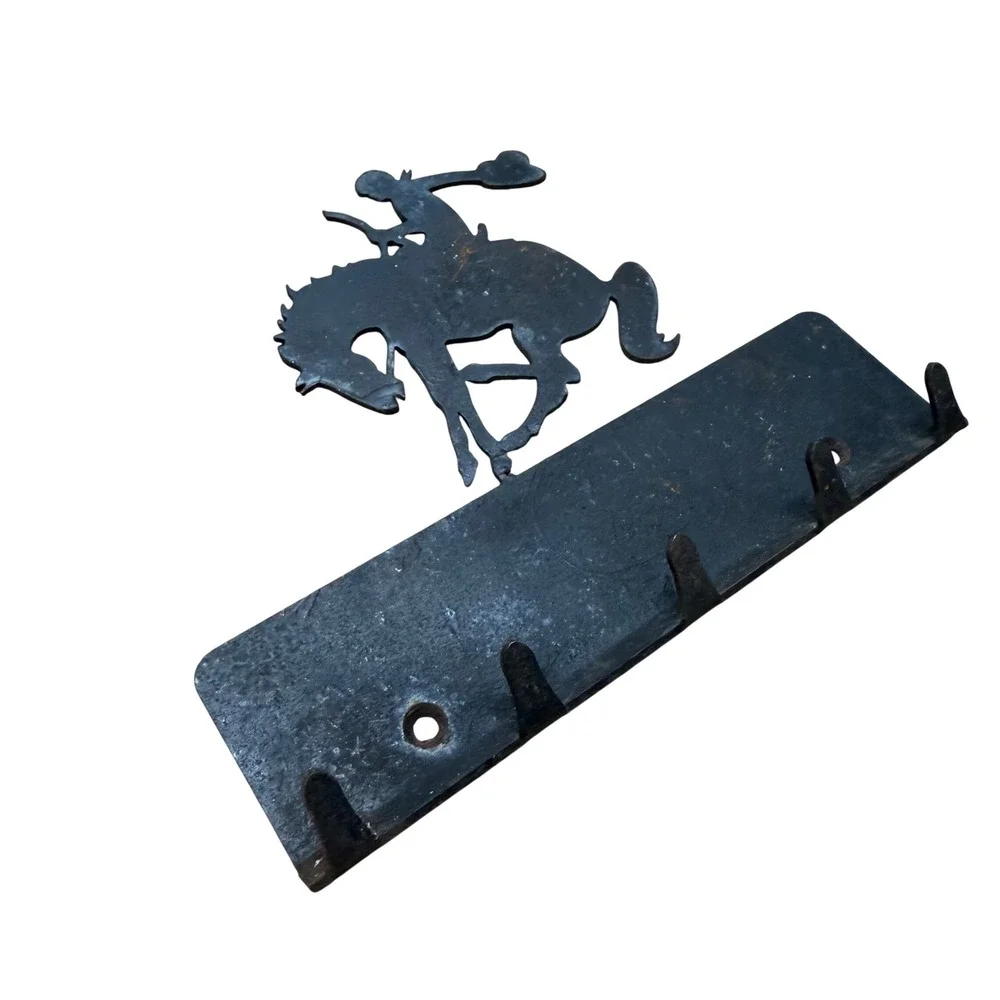 Vintage Metal Bucking Bronco Cowboy Wall‎ Hook Rack Rustic Black Key Hat Holder
